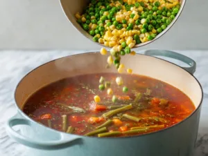 Hearty 30-Minute Vegetable Beef Soup 18 Pouring frozen peas and corn into simmering vegetable beef soup in a Dutch oven