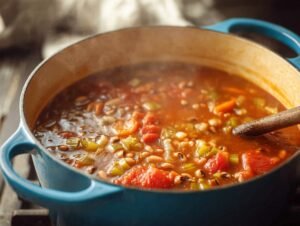 Black eyed pea soup simmering in blue Dutch oven with tomatoes and vegetables