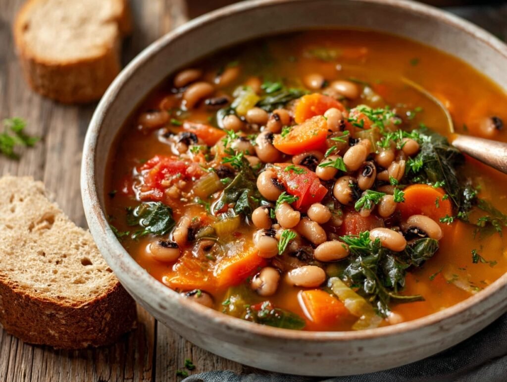 Bowl of black eyed pea soup with carrots and greens on rustic table