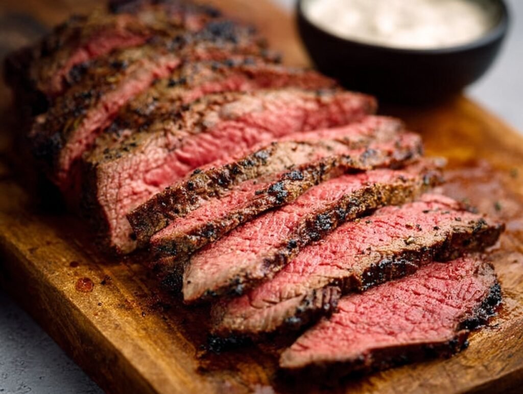 5-Ingredient Air Fryer Tri Tip – Juicy, Simple & Protein-Packed! 7 Sliced air fryer tri tip on wooden board with creamy sauce