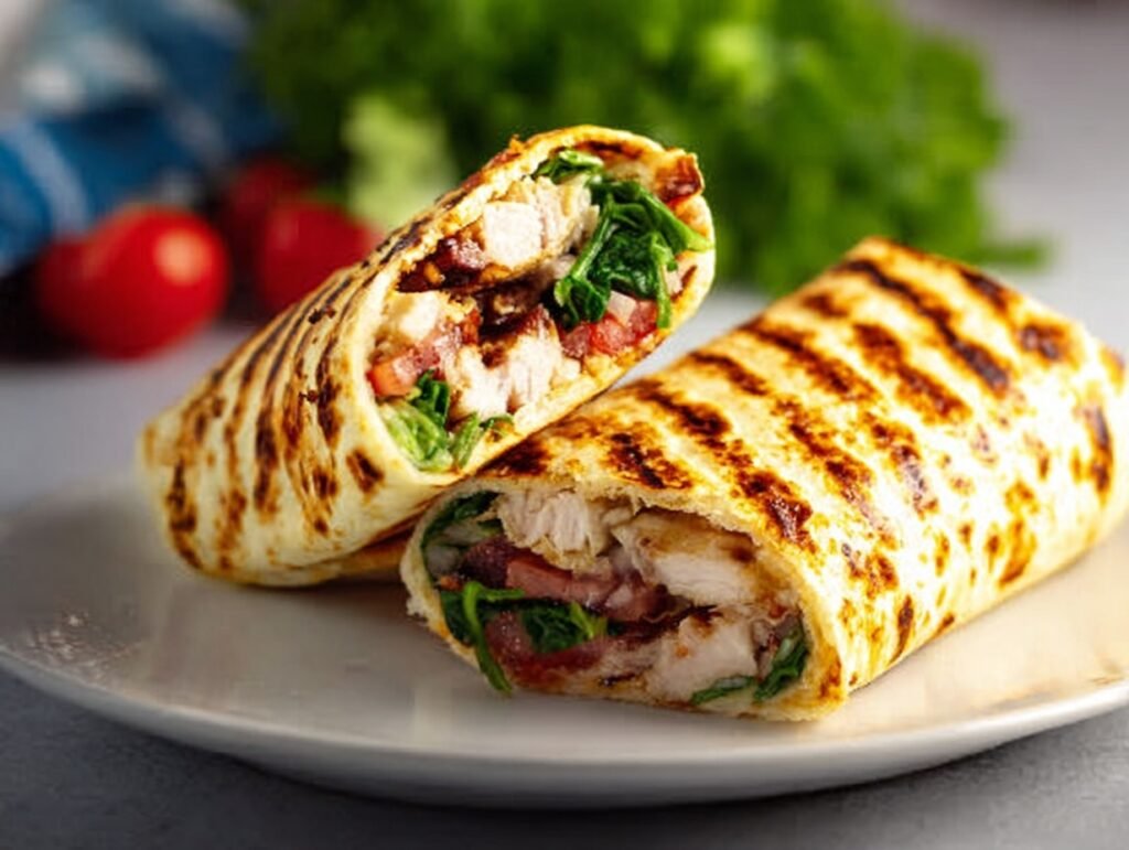2-Ingredient Cottage Cheese Flatbread (Microwave Recipe in 5 Minutes) 7 grilled chicken wrap made with cottage cheese flatbread on white plate