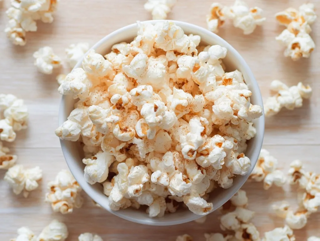 Protein popcorn in white bowl on bamboo surface