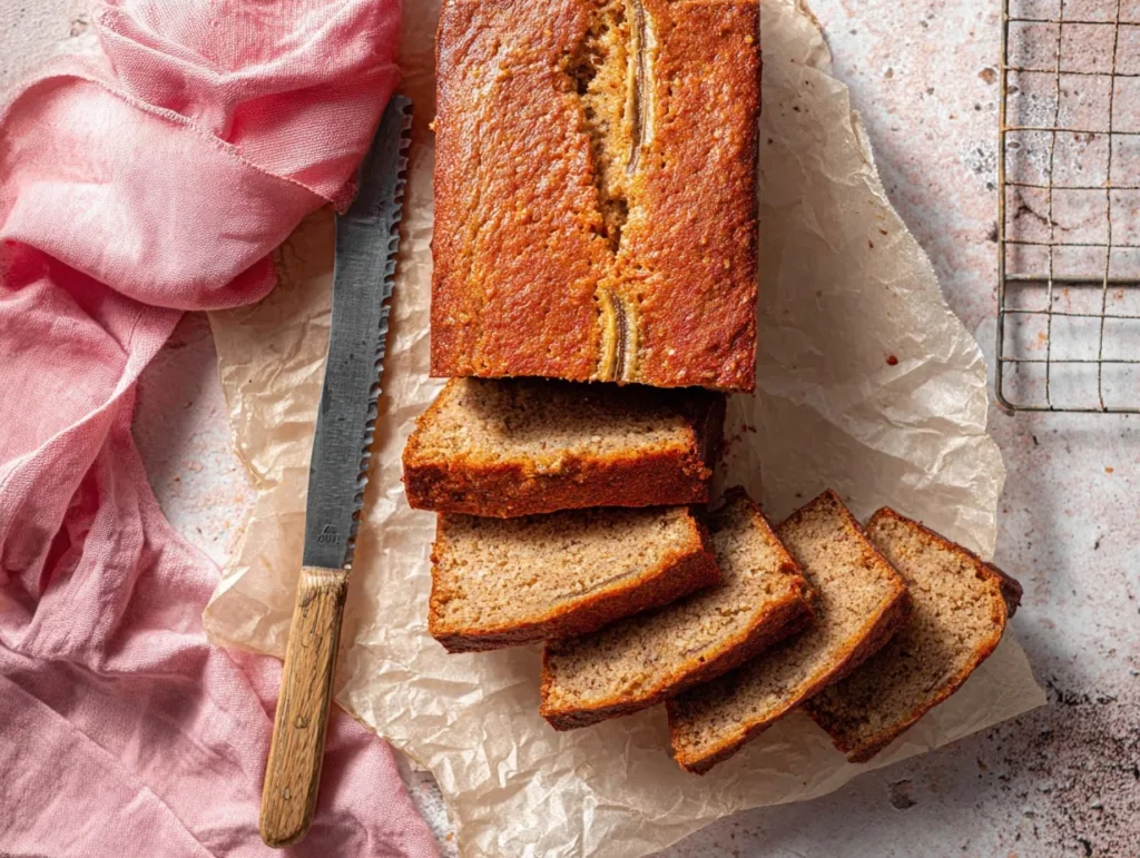 Moist Protein Banana Bread (No Blender, 1 Bowl Recipe!) 8 Sliced protein banana bread loaf on parchment with knife