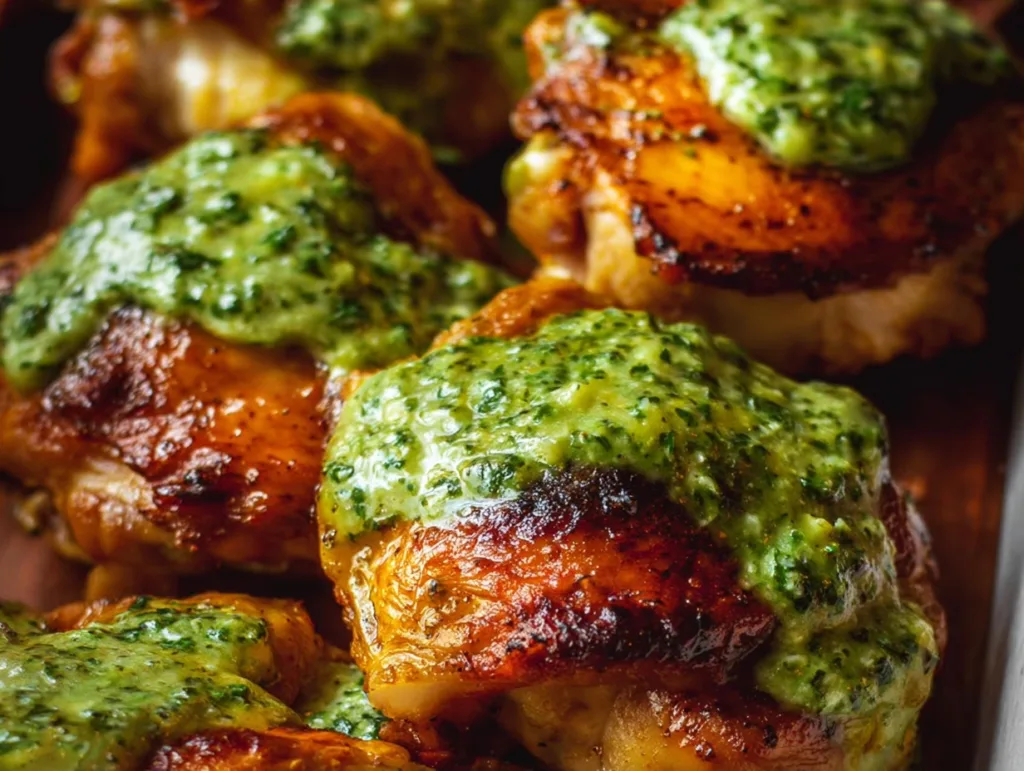 Close-up of Peruvian chicken thighs with green aji verde sauce