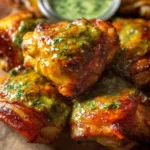 Roasted Peruvian chicken with green aji verde sauce close-up