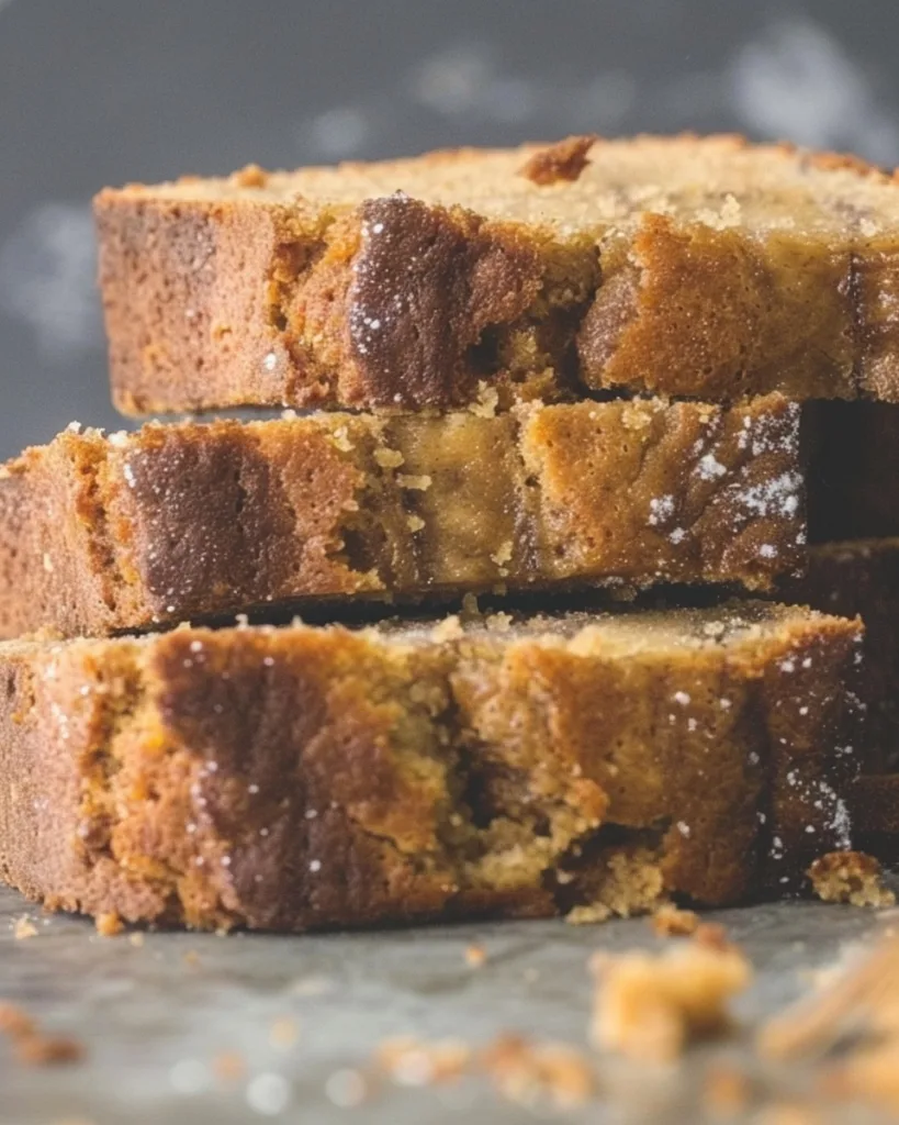 Close-up side view of sliced flourless banana bread with golden crust
