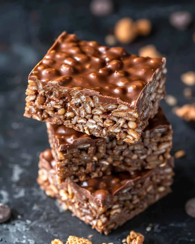 4-Ingredient Homemade Crunch Bars 10 Stack of homemade chocolate crunch bars with glossy finish
