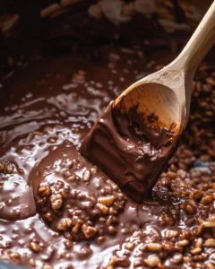 4-Ingredient Homemade Crunch Bars 12 Wooden spoon mixing puffed rice into melted chocolate for homemade crunch bars