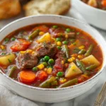 Hearty 30-Minute Vegetable Beef Soup 15 Hearty vegetable beef soup with tender beef, carrots, and peas in a rustic white bowl