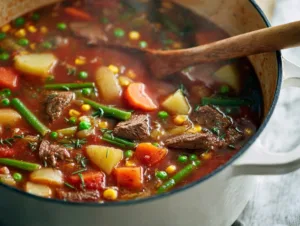 Hearty 30-Minute Vegetable Beef Soup 19 Dutch oven with simmering vegetable beef soup filled with tender beef and colorful vegetables