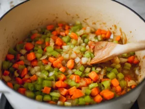 Hearty 30-Minute Vegetable Beef Soup 17 Sautéed carrots, celery, and onions in a white Dutch oven for vegetable beef soup