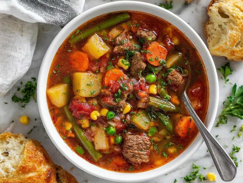 Hearty 30-Minute Vegetable Beef Soup 13 Overhead view of hearty vegetable beef soup with beef, potatoes, and colorful vegetables