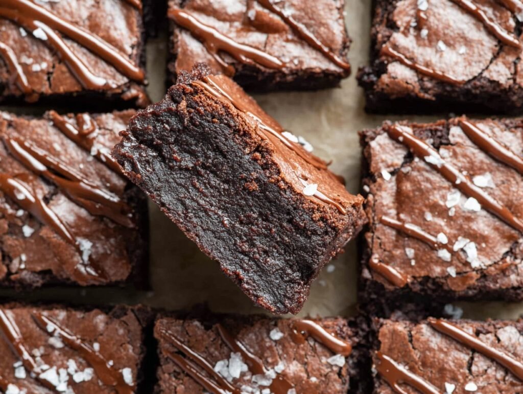Fudgy protein brownies with chocolate drizzle and sea salt flakes