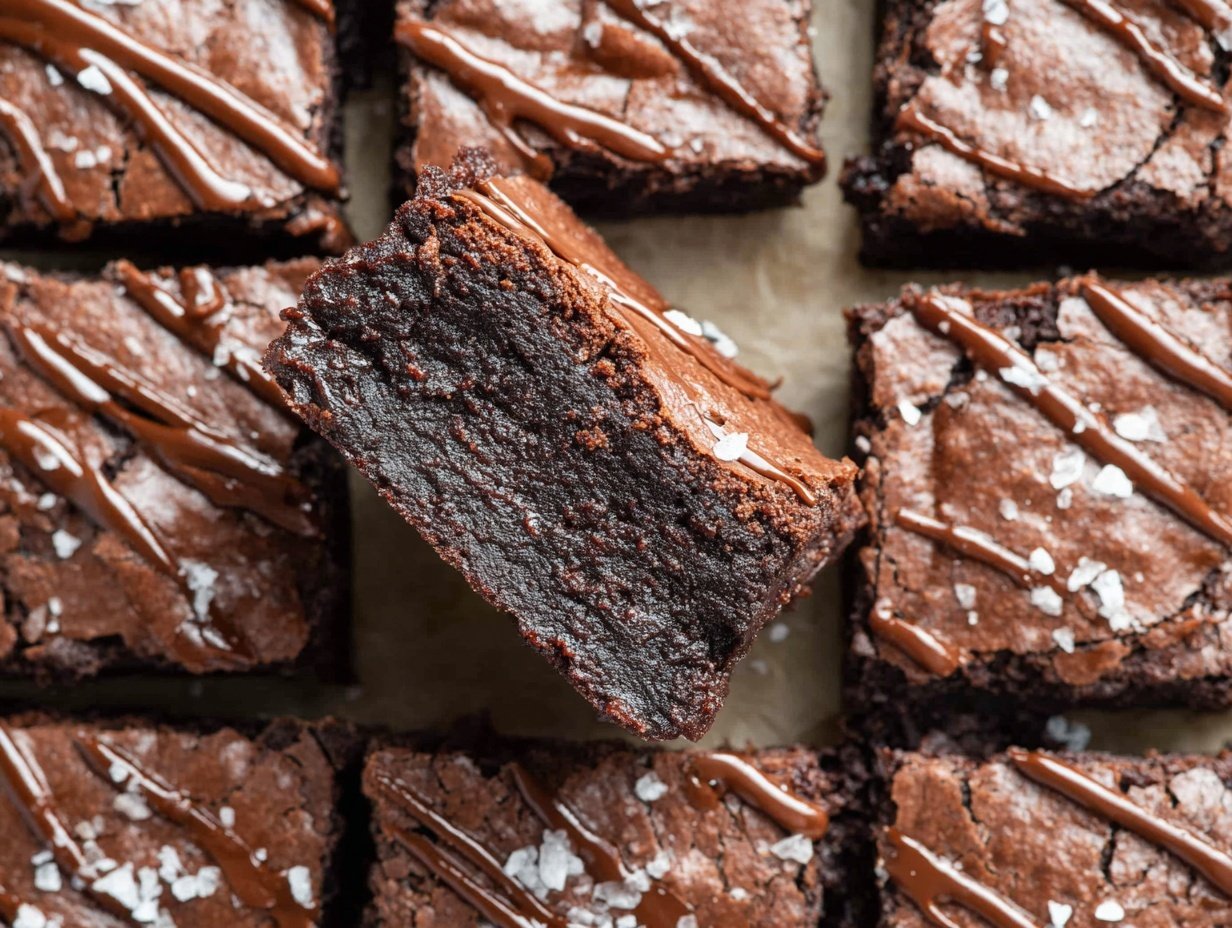 Fudgy protein brownies with chocolate drizzle and sea salt flakes