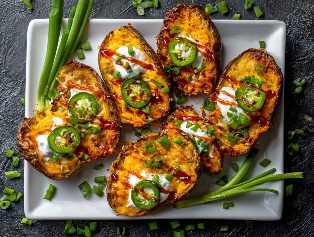 crispy air fryer potato skins with cheese and jalapeños on plate
