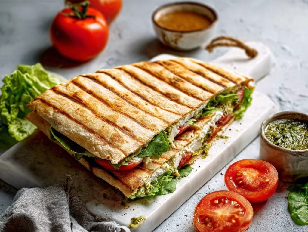 2-Ingredient Cottage Cheese Flatbread (Microwave Recipe in 5 Minutes) 8 grilled vegetable and cheese panini made with cottage cheese flatbread on marble board