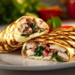 2-Ingredient Cottage Cheese Flatbread (Microwave Recipe in 5 Minutes) 9 grilled chicken and spinach wrap made with cottage cheese flatbread on white plate