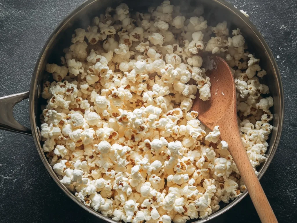 Protein popcorn being stirred in saucepan with wooden spoon