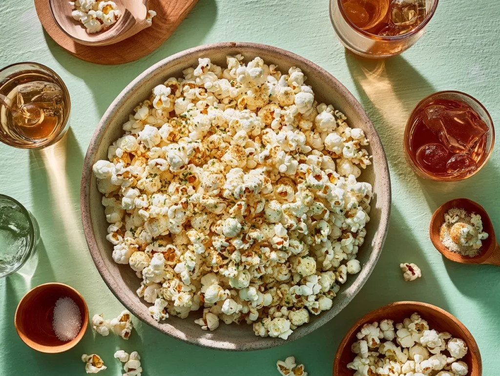 Bowl of savory protein popcorn with drinks and sides on table