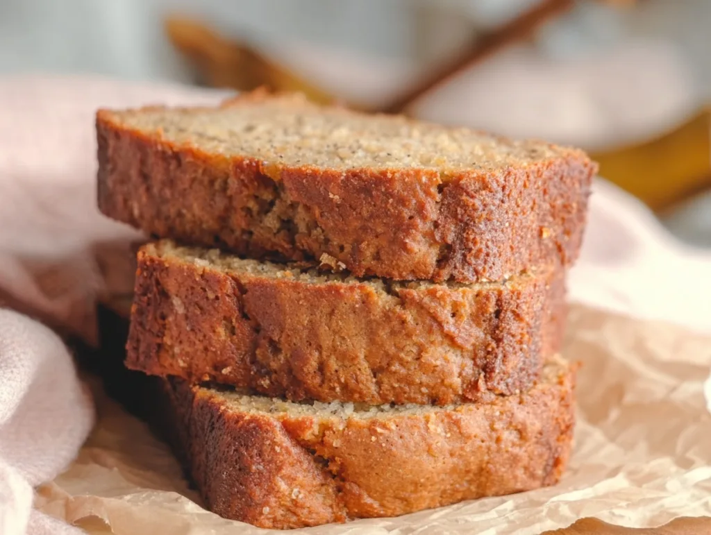 Moist Protein Banana Bread (No Blender, 1 Bowl Recipe!) 6 Close-up of moist protein banana bread slices stacked on parchment
