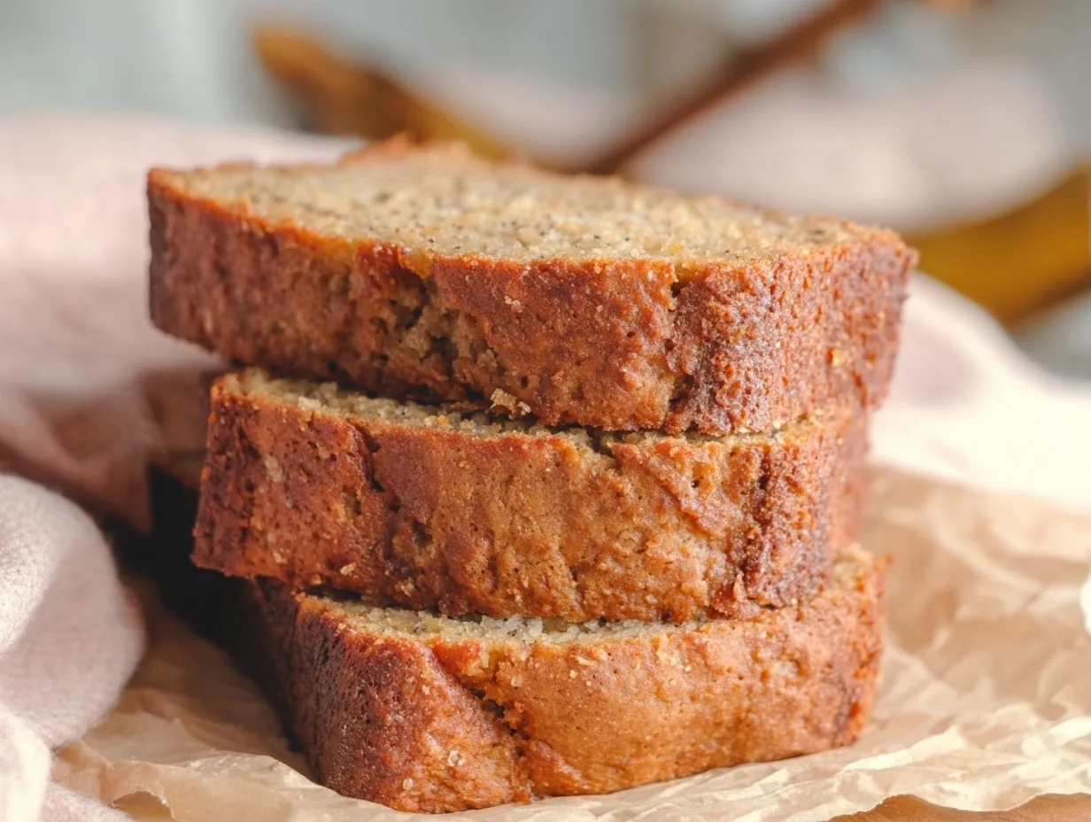 Moist Protein Banana Bread (No Blender, 1 Bowl Recipe!) 5 Close-up of moist protein banana bread slices stacked on parchment