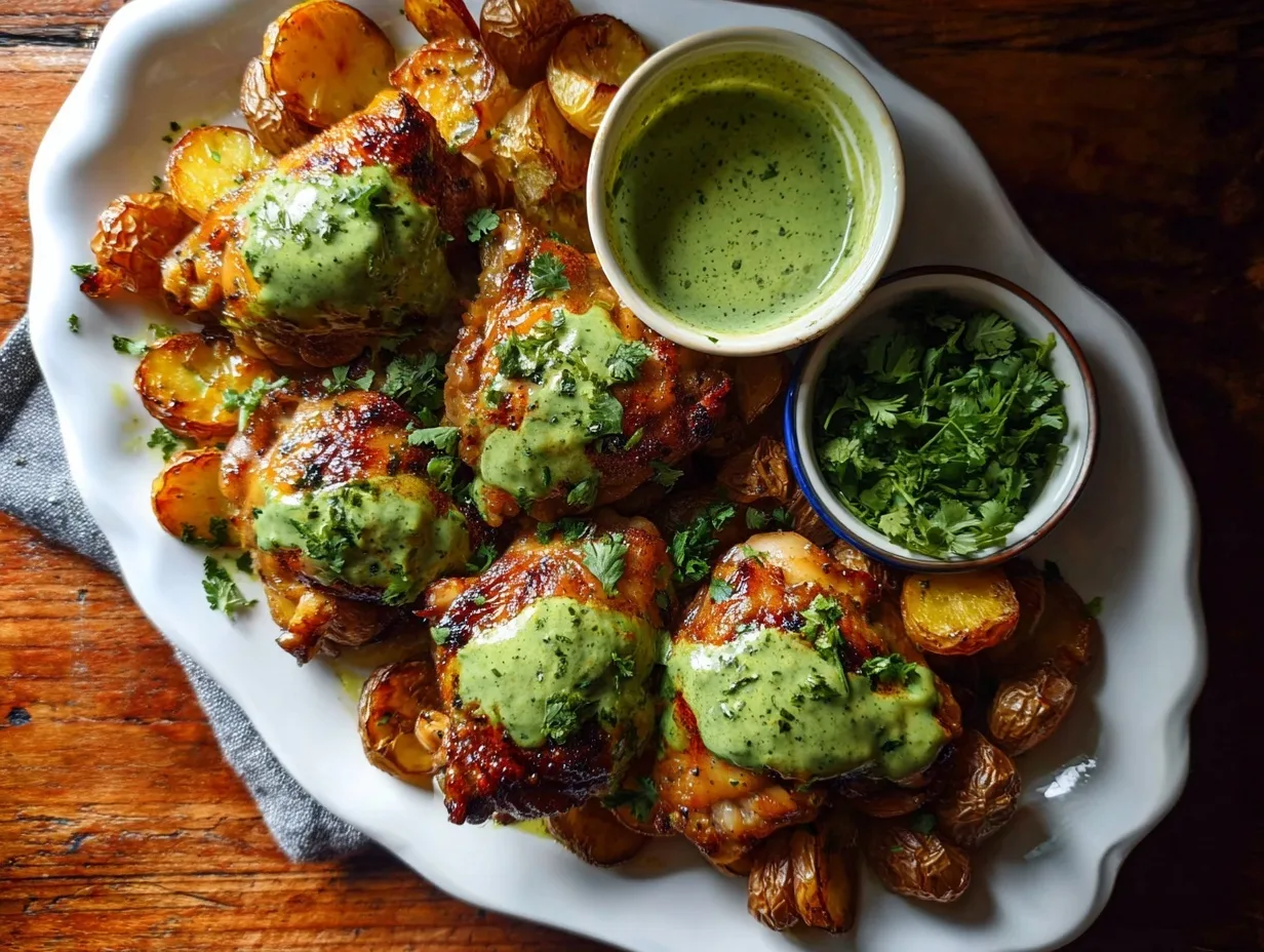 Peruvian chicken with green aji verde sauce served on a white platter