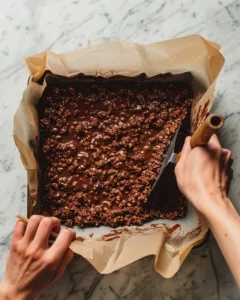 4-Ingredient Homemade Crunch Bars 13 Spreading chocolate puffed rice mixture into a parchment-lined baking pan