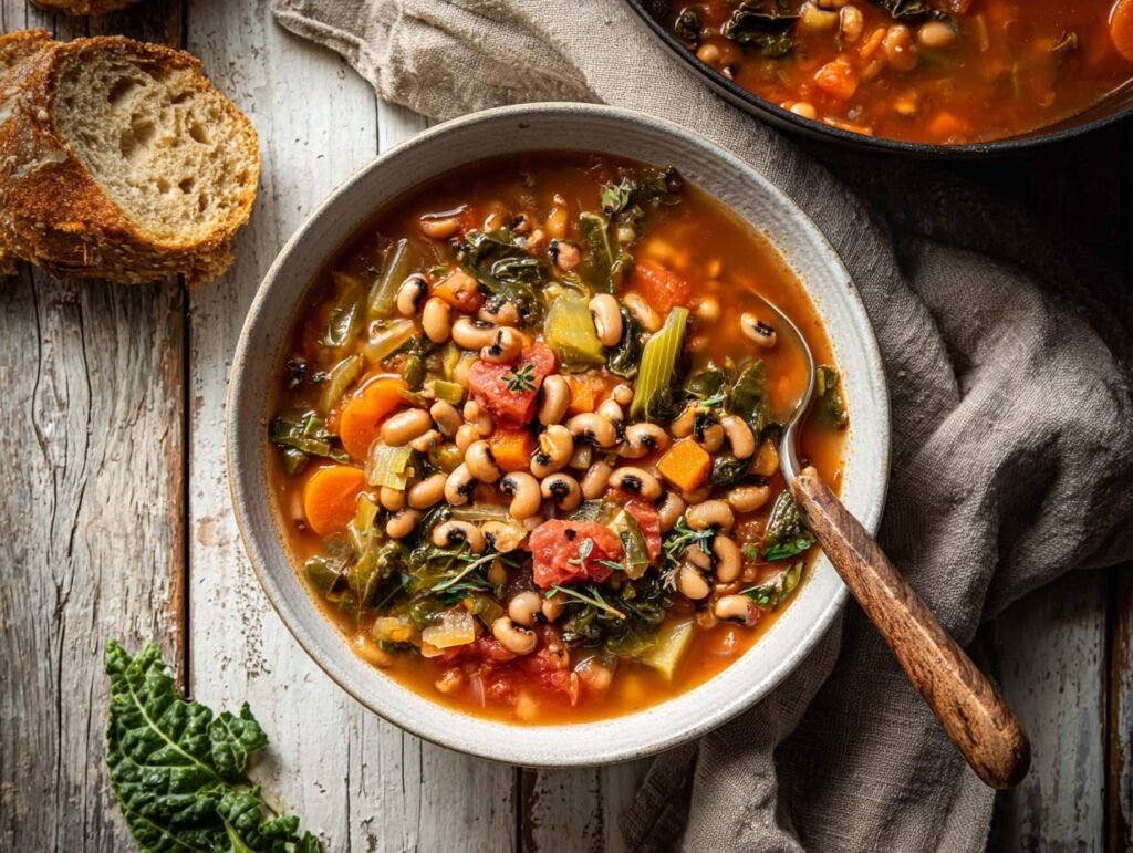 Overhead bowl of black eyed pea soup with carrots and bread on rustic table
