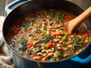 Black eyed pea soup with greens simmering in blue Dutch oven
