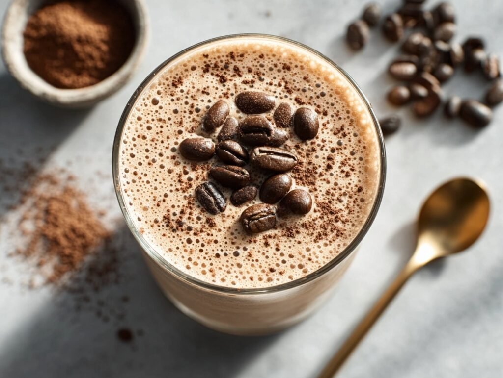 Creamy coffee protein shake topped with roasted coffee beans and cocoa dust