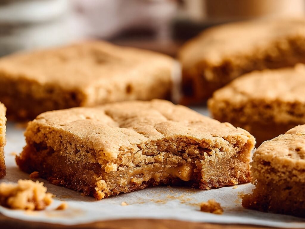 Chewy peanut butter cookie bar with bite taken out