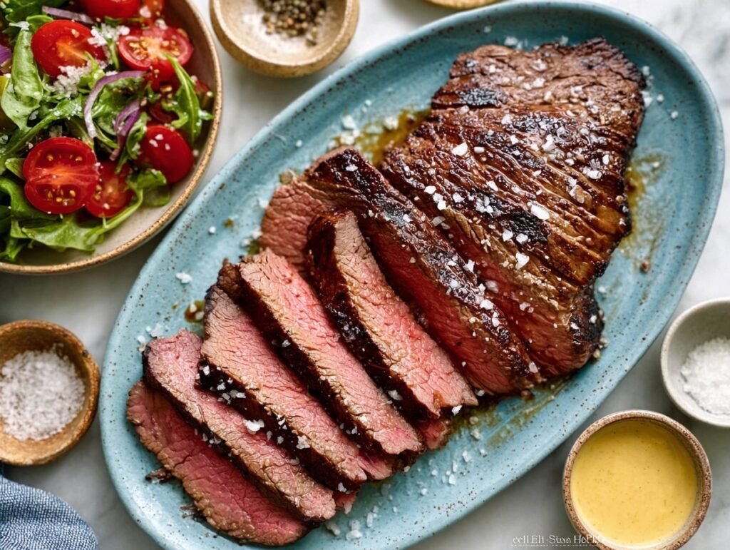 5-Ingredient Air Fryer Tri Tip – Juicy, Simple & Protein-Packed! 8 Air fryer tri tip sliced on blue plate with salad and sea salt