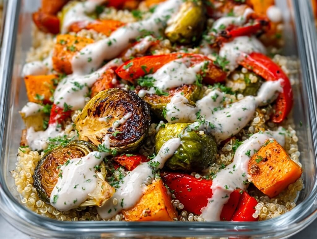Roasted veggie quinoa meal prep bowl with tahini dressing