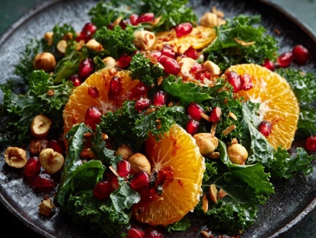 Kale salad with oranges, pomegranate, and hazelnuts on dark plate