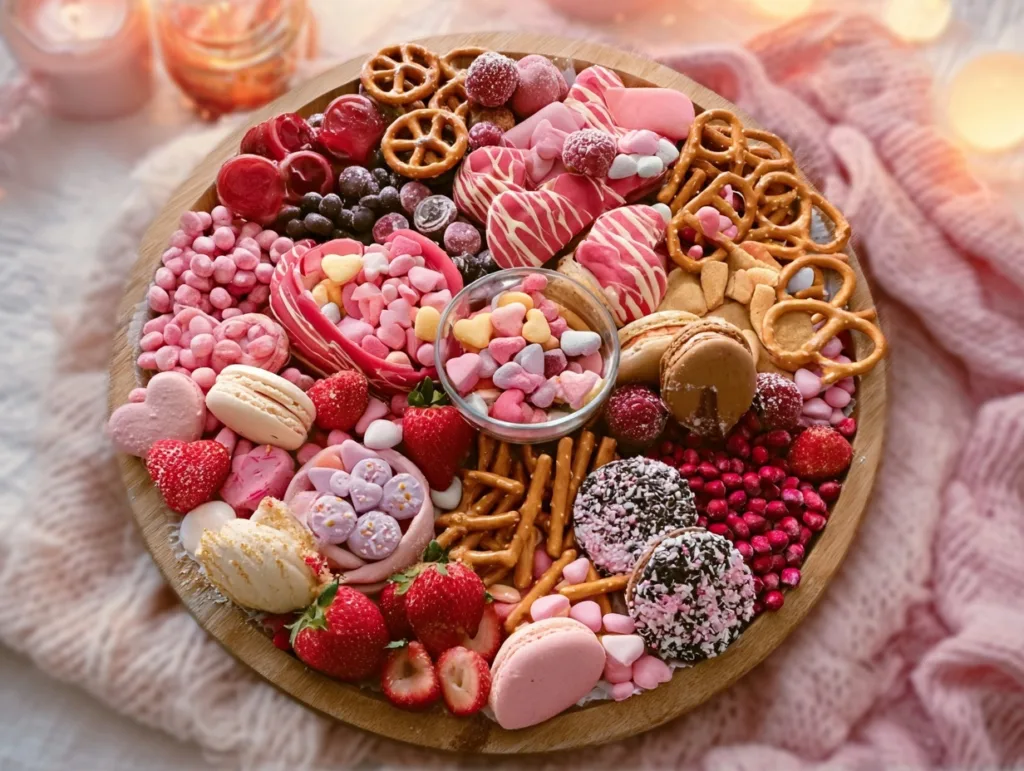 pink dessert charcuterie board with strawberries, macarons, pretzels, and heart candies