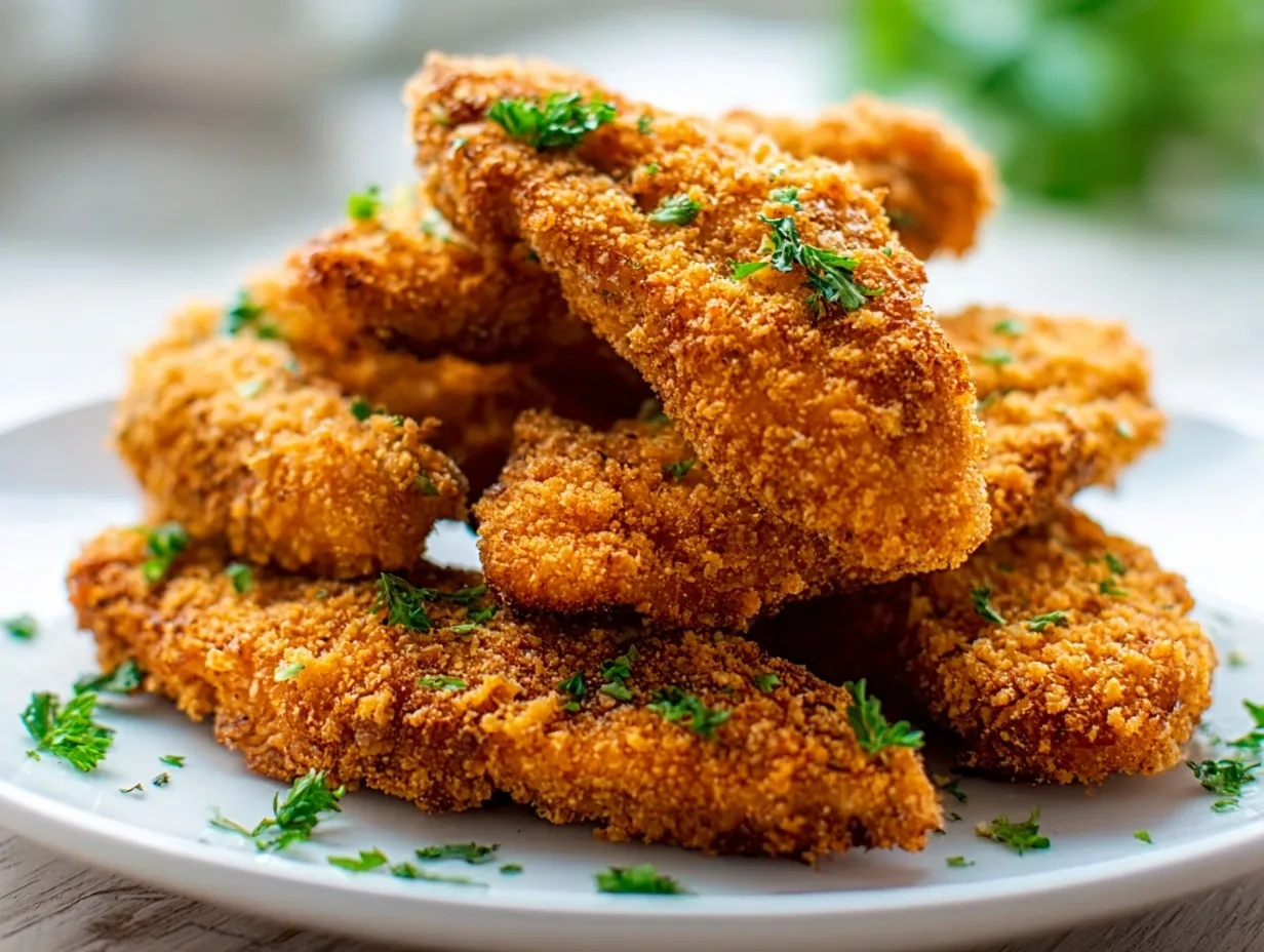 Crispy Baked Chicken Tenders – Just 5 Ingredients & 25 Minutes! 1 Crispy baked chicken tenders with parsley on a white plate