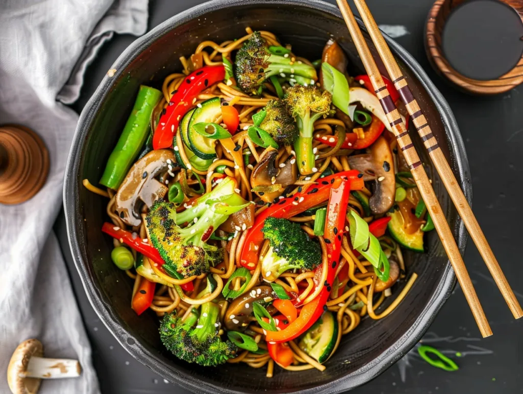 Teriyaki noodles with broccoli and mushrooms in black bowl with chopsticks