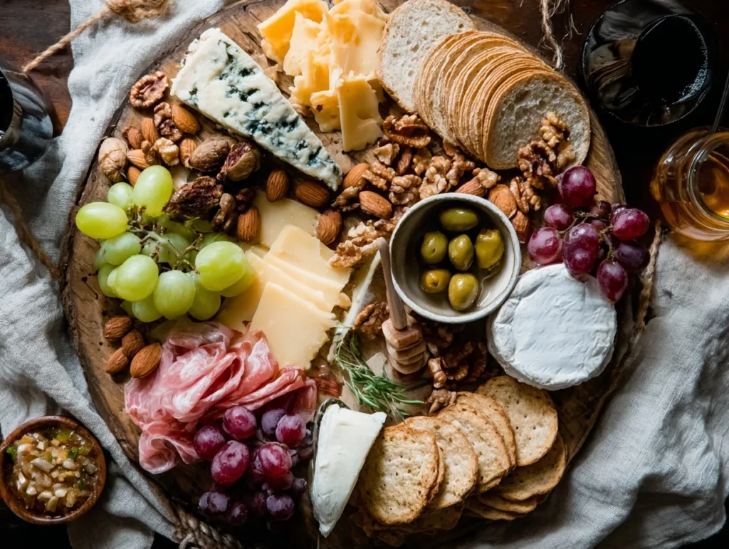 10-Minute Classic DIY Meat and Cheese Charcuterie Board 4 Modern charcuterie board with cheese, olives, and jam on marble surface