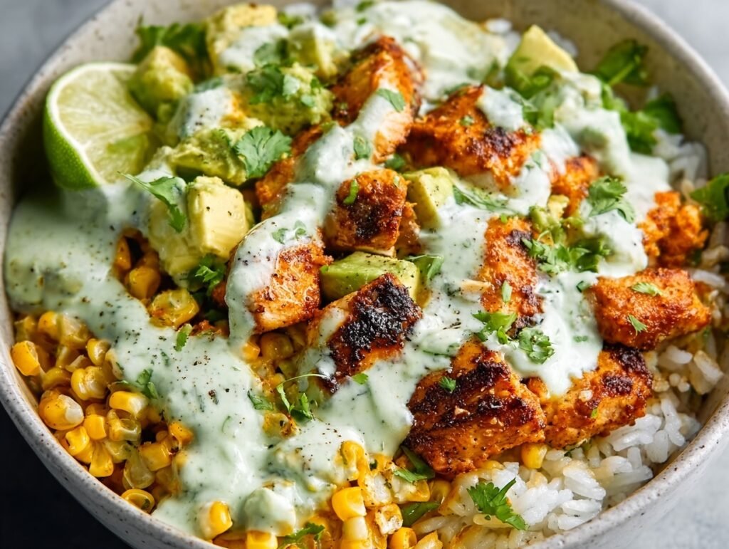 30-Minute Street Corn Chicken Rice Bowl 7 Grilled street corn chicken rice bowl with avocado and cilantro-lime sauce