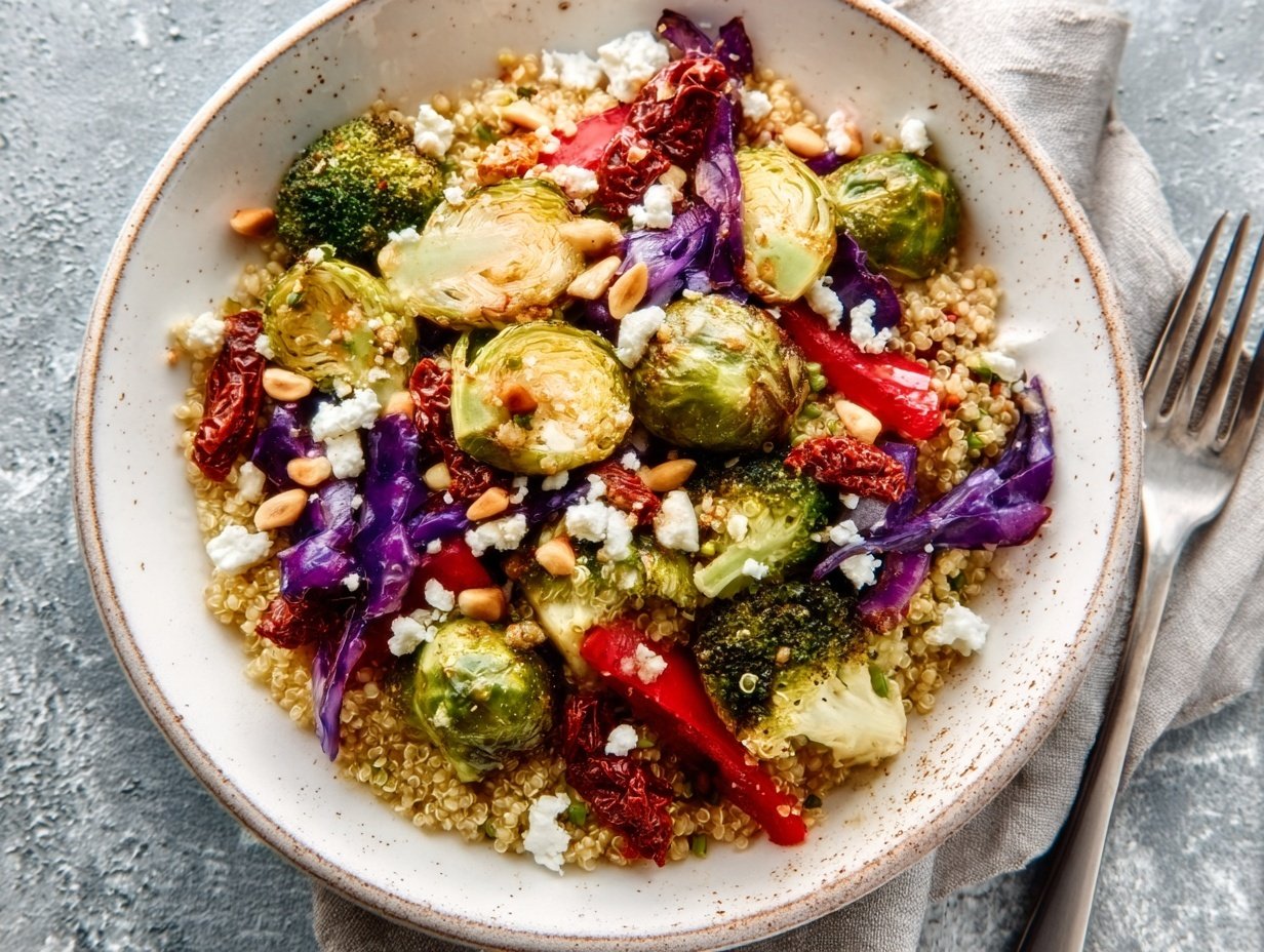 Roasted veggie quinoa bowl with broccoli, cabbage, and feta cheese
