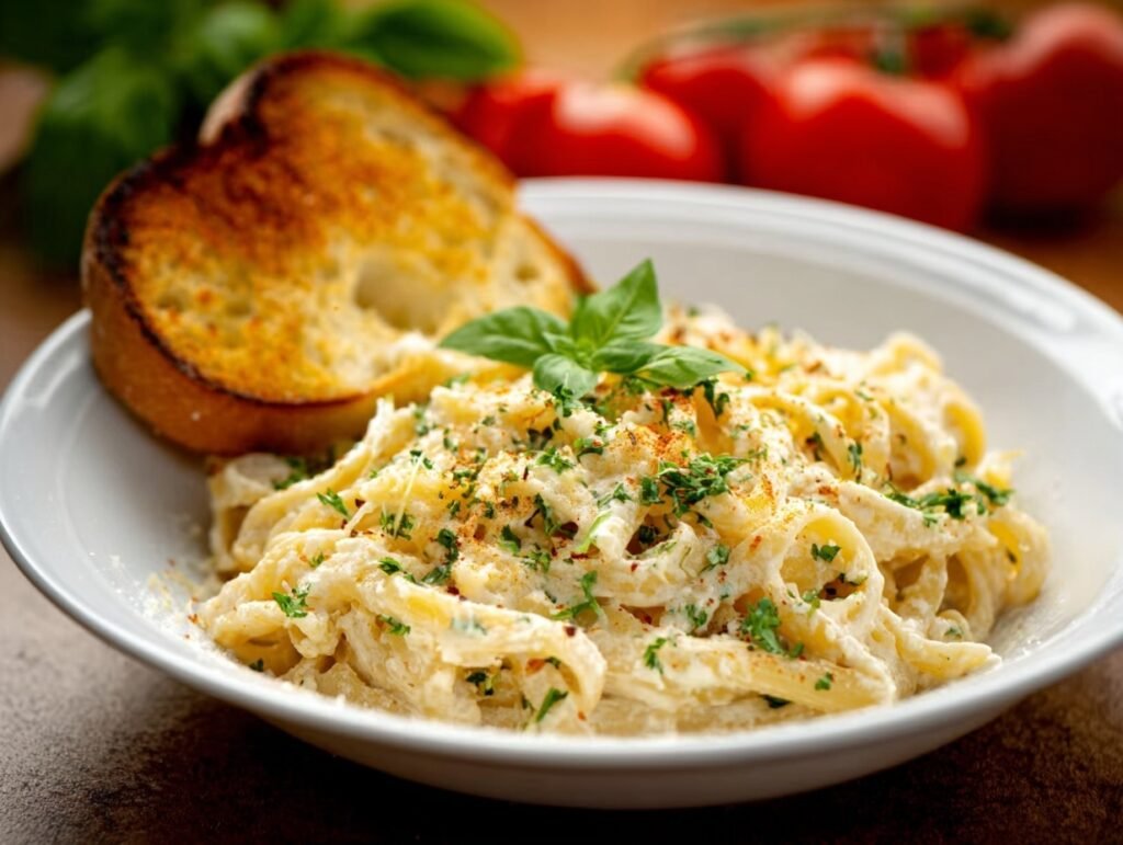 Creamy Cauliflower Alfredo Pasta (5 Ingredients, Ready in 20 Minutes) 6 creamy cauliflower alfredo pasta with garlic bread and basil garnish