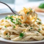 Creamy Cauliflower Alfredo Pasta (5 Ingredients, Ready in 20 Minutes) 9 creamy cauliflower alfredo pasta twirled on a fork with parsley garnish