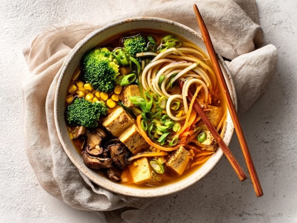 5-Step Ginger Miso Noodle Soup – High-Protein Vegan Bowl 8 Vegetarian ginger miso noodle soup with tofu and broccoli