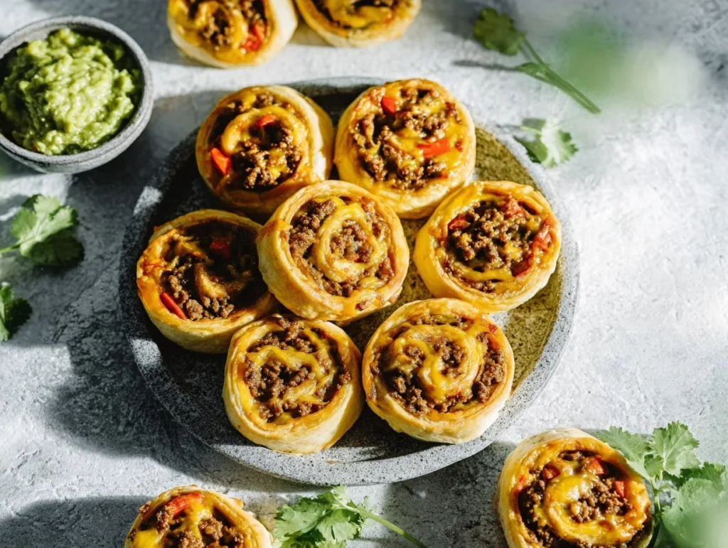 easy taco pinwheels on plate with guacamole dip
