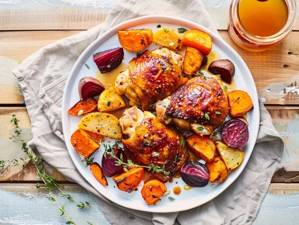 Apple cider glazed chicken thighs with roasted vegetables on a rustic plate