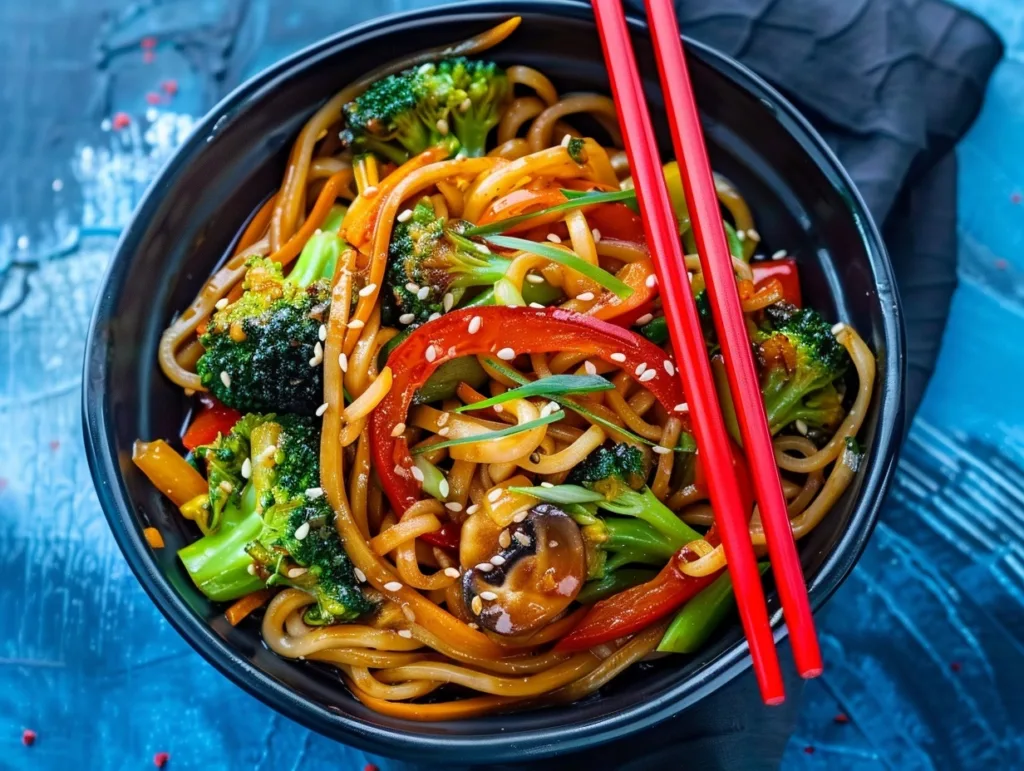 Teriyaki noodles with broccoli and peppers served in a black bowl with red chopsticks