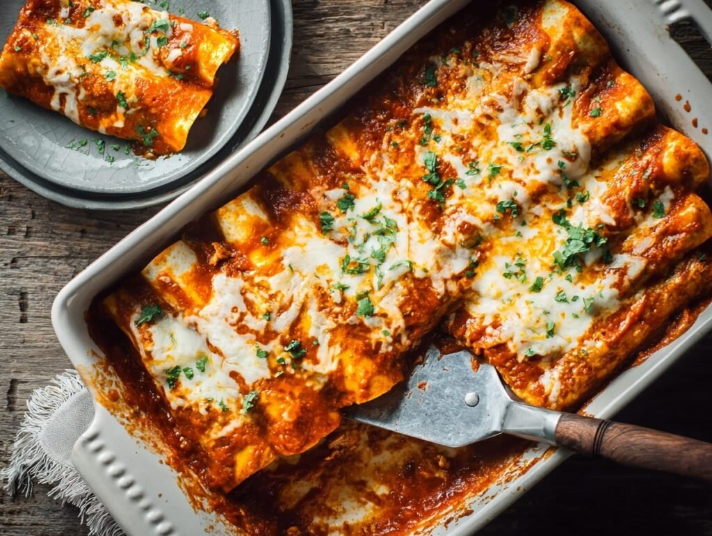 baked chicken enchiladas in white dish with melted cheese