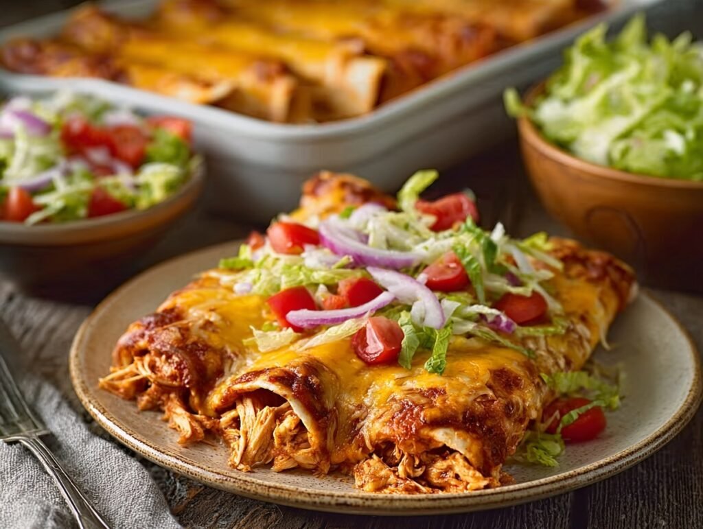 chicken enchiladas with cheese, lettuce, and tomatoes on a plate