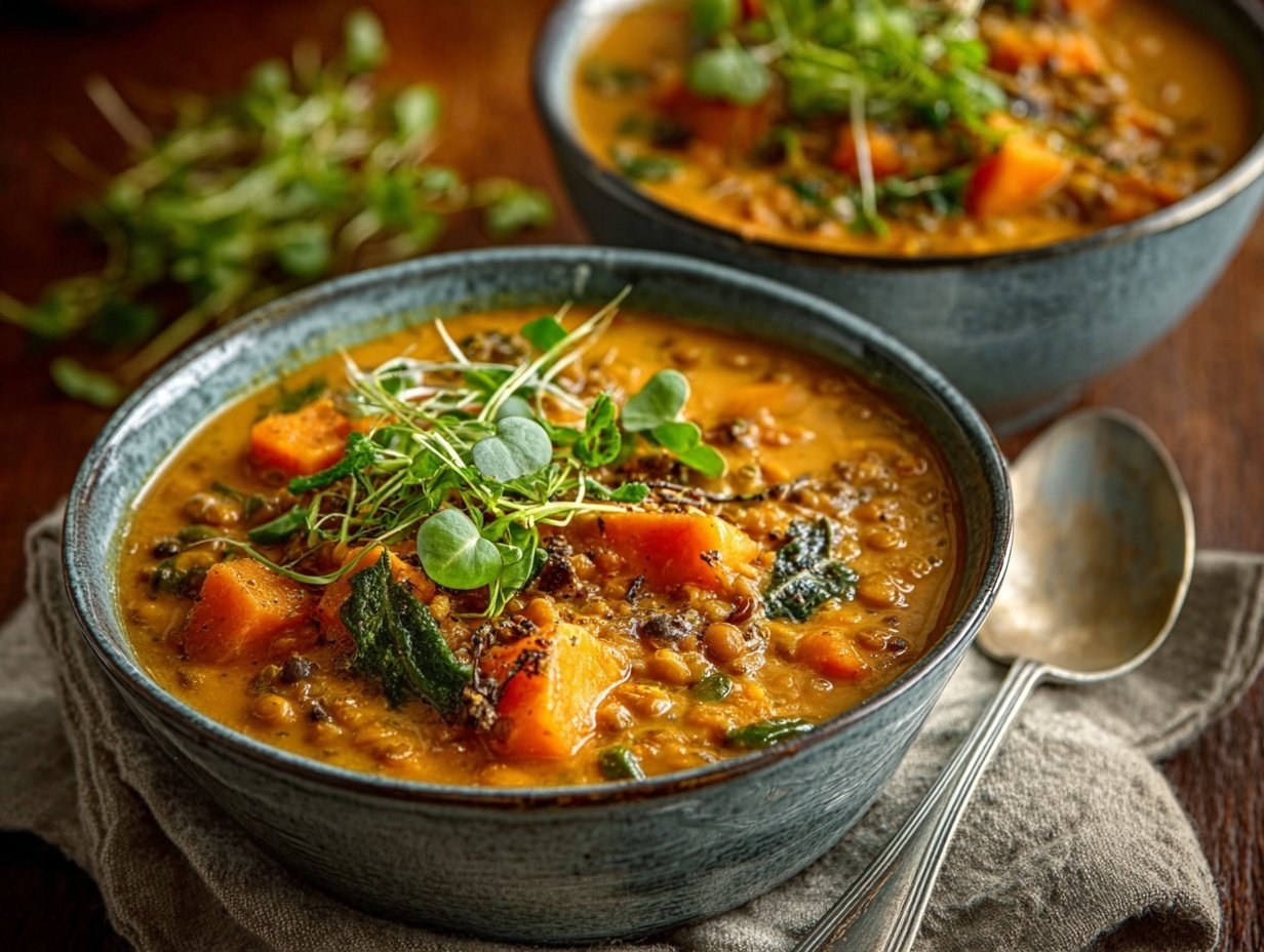 Hearty high-protein lentil and sweet potato stew in rustic bowl