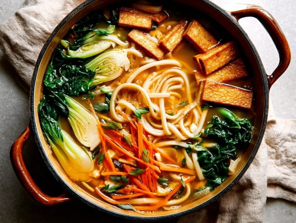 5-Step Ginger Miso Noodle Soup – High-Protein Vegan Bowl 7 Ginger miso noodle soup with tofu and vegetables in a pot